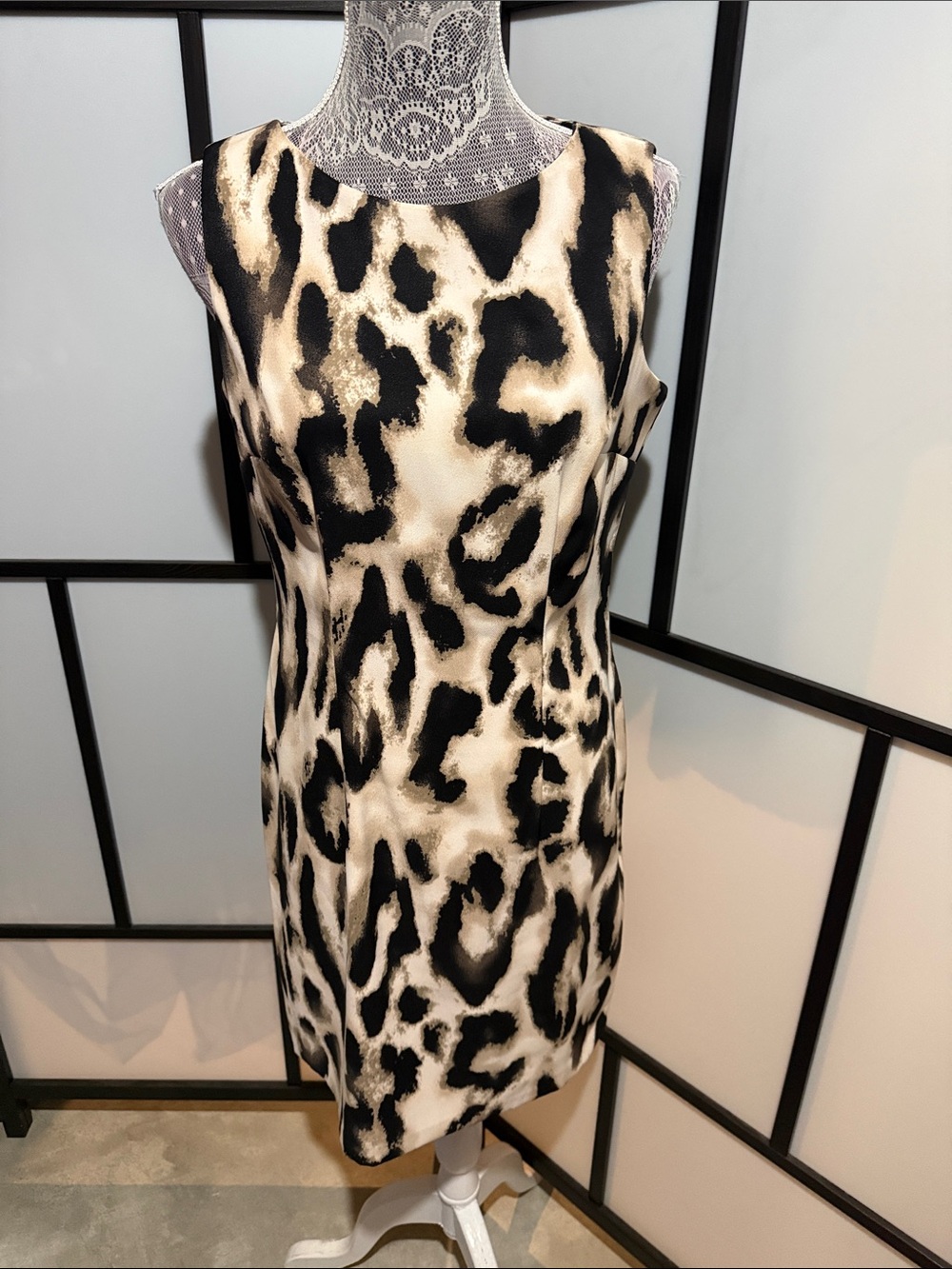 Dress Barn Black and Tan Leopard-Print Sleeveless Sheath Dress